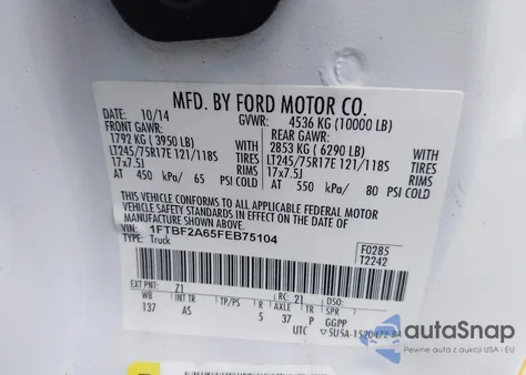 2015 Ford F250 Super Duty from USA, damaged, VIN 1FTBF2A65FEB75104